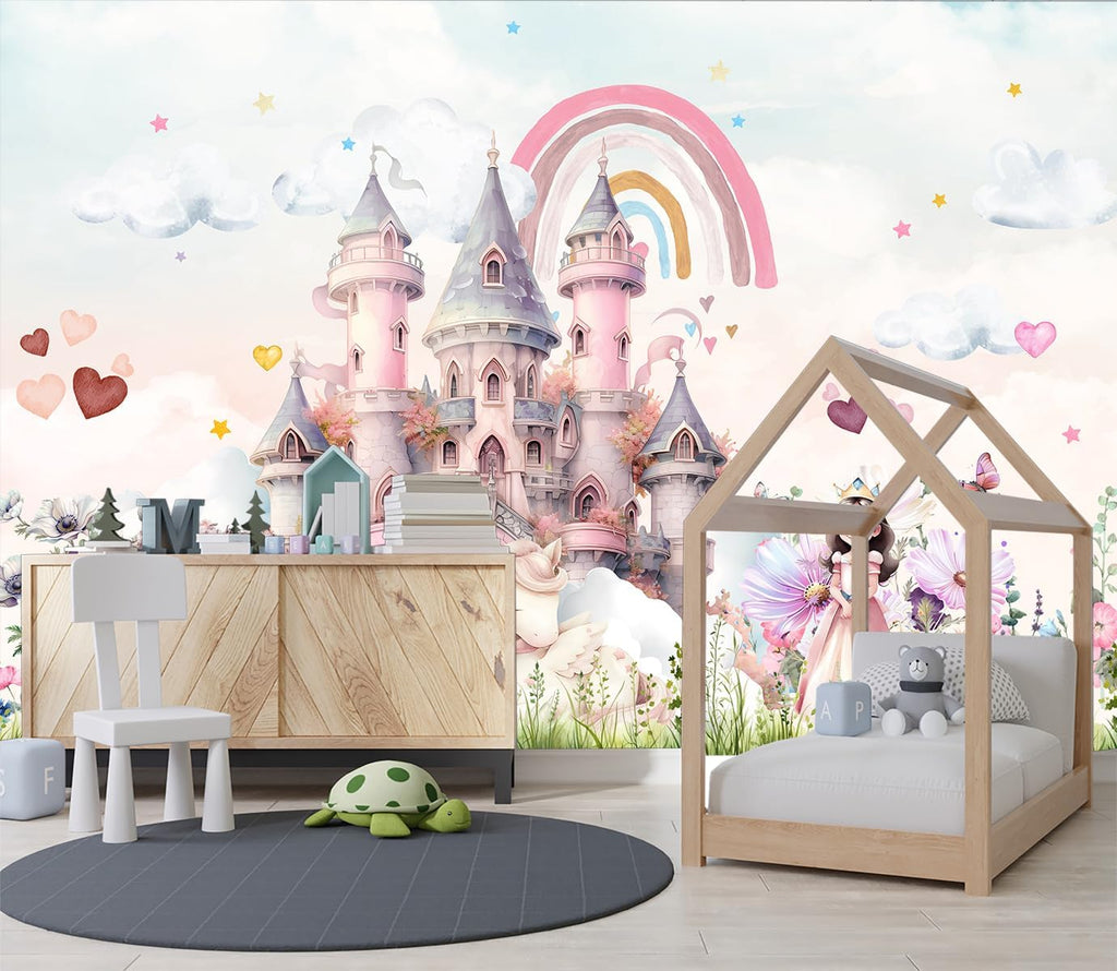 Pink Cartoon Citadel Nursery Room Fabric Wallpaper Girls Bedroom wall Mural-W 88" X H 59"(36 Square Foot)