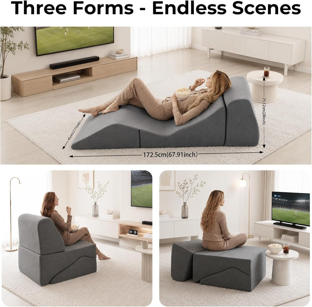 Yoga Chaise Lounge Chair Indoor, 3-in-1 Convertible Boneless Couch Bed | Corduroy Floor Sofa with Memory Foam, Zero