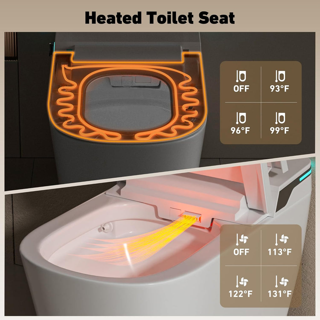 Smart One-Piece Toilet with Built-In Bidet and Tank, ADA Comfort Height, Wide Heated Seat, Powerful Flush, Auto Open and Close Lid, Warm Water, Air Dryer, Night Light