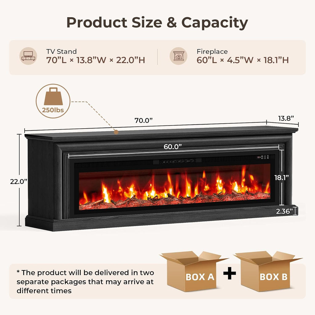 70'' Fireplace TV Stand, Large Electric Fireplace with Mantel | Freestanding Fireplace with 60" Insert, Modern