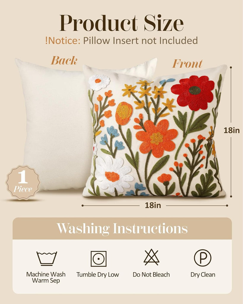 Embroidered Throw Pillow Cover 18x18 Inch - Spring Summer Boho Decorative Pillow Cover with Zipper