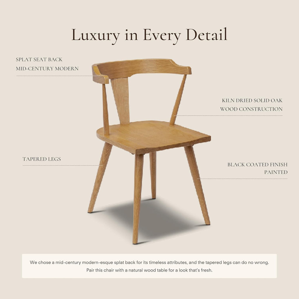 Mid Century Modern Enzo Dining Chair Solid Oak Wood Set of 2