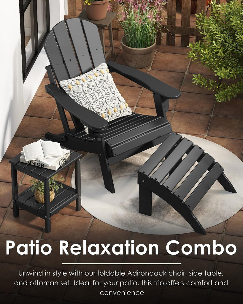 Folding-Adirondack-Chairs Set of 2, HDPE All Weather, Black | Hidden Cup Holder | 5" Wide Armrests | Foldable Fire