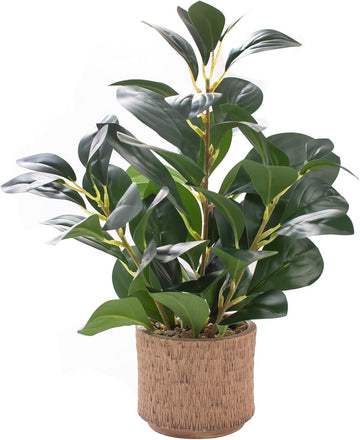 12.6" Fake Plants in Brown Ceramic Vase Realistic Ficus Leaf Faux Plant for Desk Book Shelf Bathroom Office Kitchen