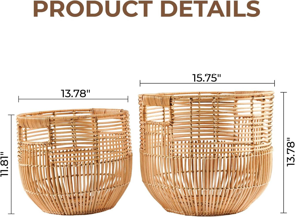 Set Of 2 Large Woven Blanket Baskets With Handles | Round Wicker Rattan Storage Floor Baskets for Shoe | Extra Big