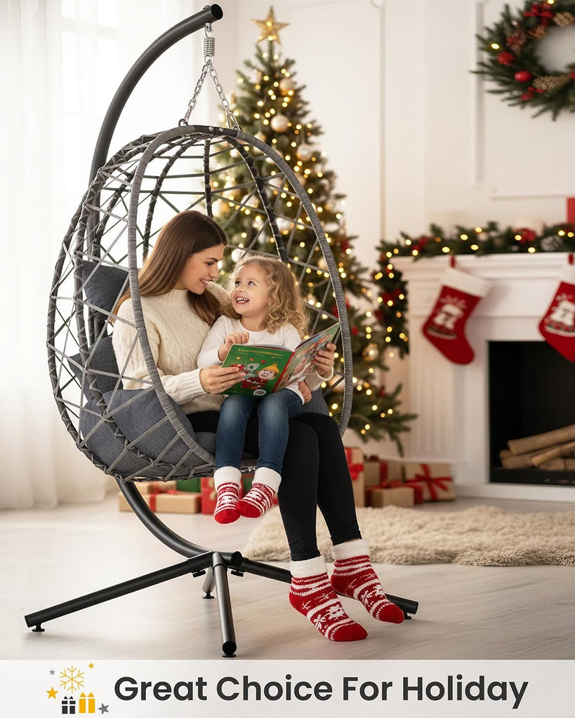 Hanging Egg Chair with Stand, Outdoor Indoor Rattan Wicker Egg Swing Chair with Cushion, Heavy Duty Patio Hammock