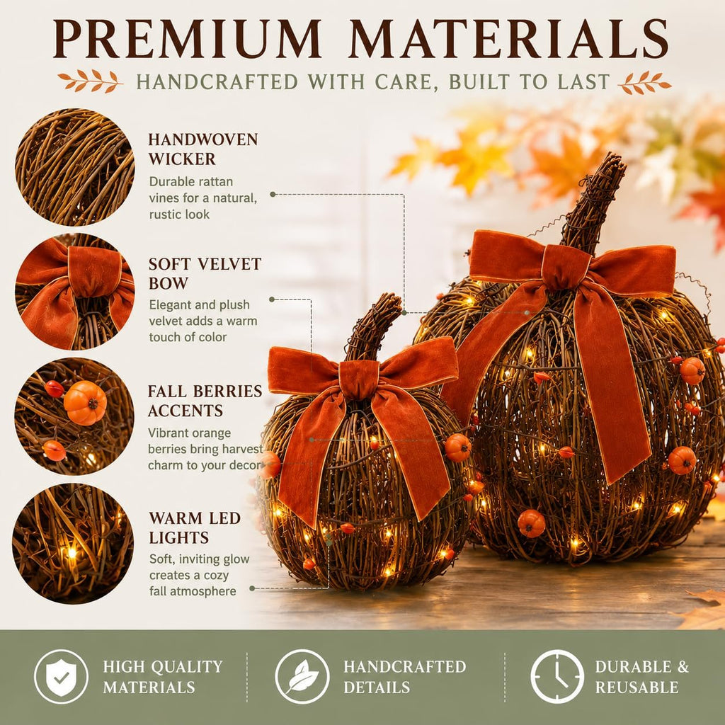 Lighted Fall Pumpkin Decor 2 Pack Rattan Wicker Pumpkins for Table - Set of 2