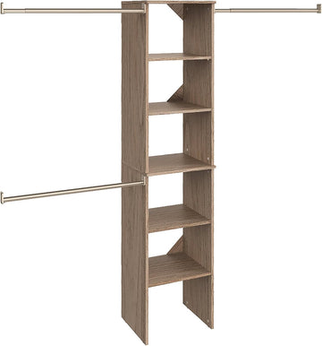 SuiteSymphony Wood Closet Organizer Starter Kit with Tower and 3 Hang Rods, Shelves, Adjustable, Fits Spaces 4 - 9