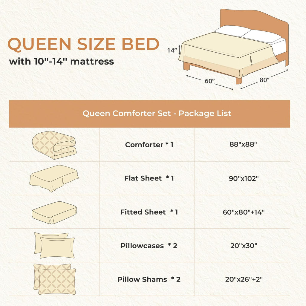 Queen Comforter Set, 7-Piece Bed in a Bag, Pintuck Bedding Sets for All Season, Includes Comforter, Flat Sheet