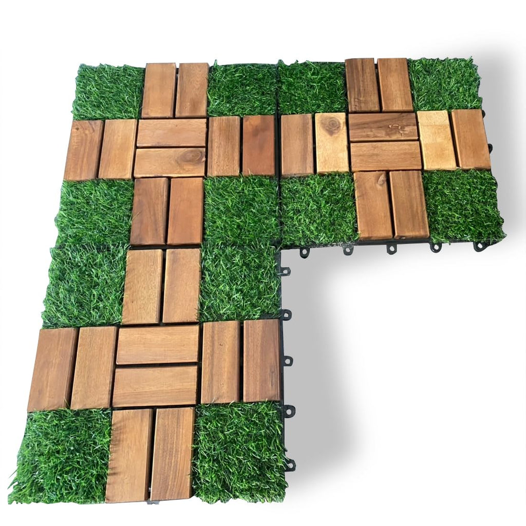 Artificial Grass with Acacia Wood Deck Tiles 10PCS 12''x12'' Interlocking Deck Tiles,Patio Deck Tiles, Wood Deck Tiles