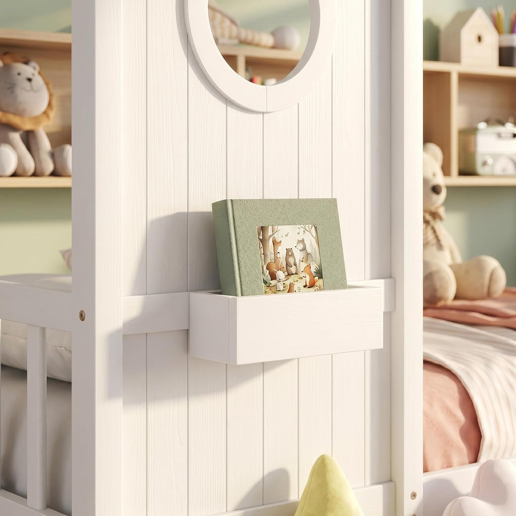 Full Size Bed Frames with Trundle, House Bed for Kids with Storage Shelves, White, 78" L X 58" W X 72" H