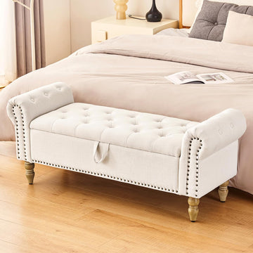 Storage Bedroom Bench for End of Bed, Faux Linen Upholstered Storage Ottoman with Rolled Arms , 2.5Cubic Feet