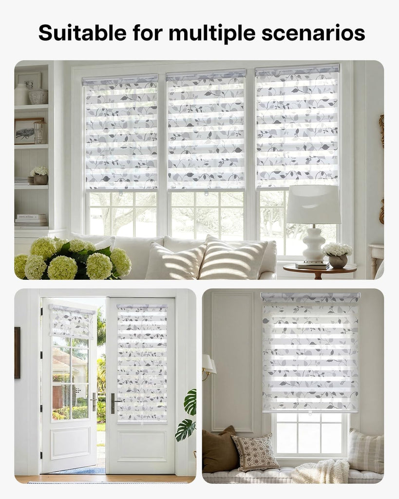Cordless Zebra Blinds for Windows, Foggy Laurel| Patterned Dual Layer Free-Stop Roller Shades