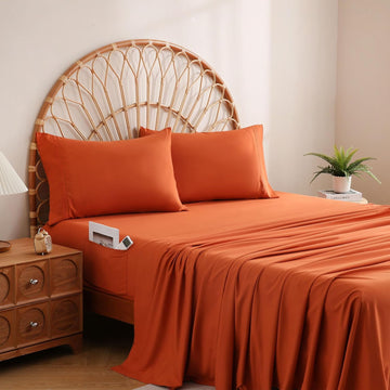 Orange Sheet Set with Side Storage Pocket, 4 Piece Soft Microfiber Bed Sheets Deep Pocket Corner Straps