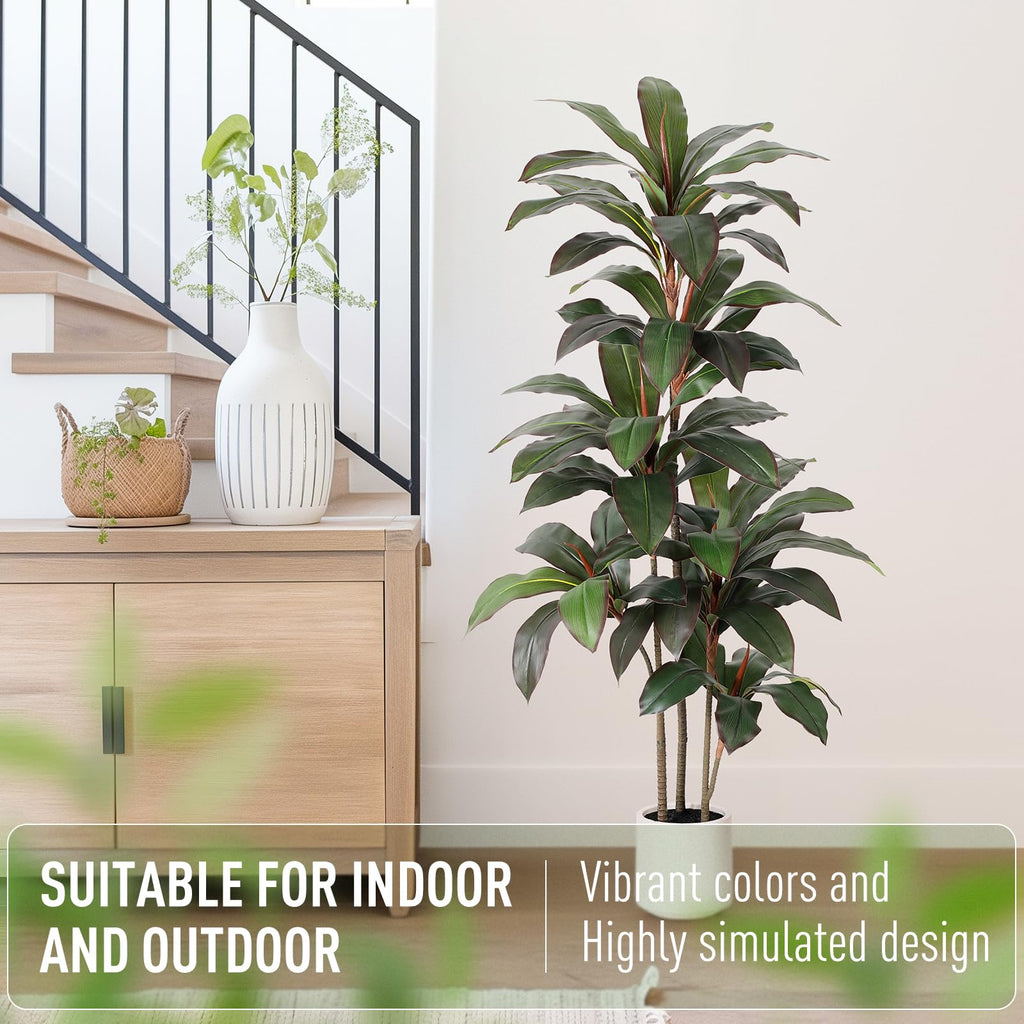 Artificial Dracaena Tree 5 FT, Fake Tree with White Planter, Faux Yucca Silk Floor Plants Indoor, Artificial Trees