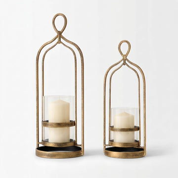 Hurricane Candle Holder Set of 2 with Glass & Metal Frame-Pillar Candle Holders Centerpiece Farmhouse Decor