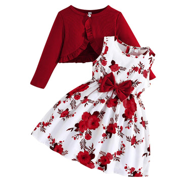 Toddler Girls Dress with Cardigan Set Little Girl Floral Sleeveless Dress Ruffle Coat Baby Long Sleeve Outfit Red