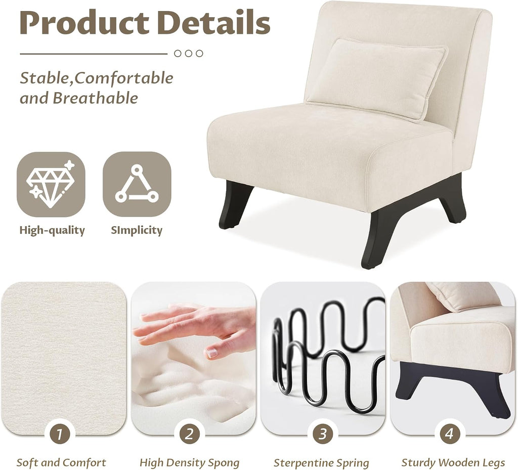 Armless Accent Chairs Set of 2 Upholstered Living Room Side Chairs | Comfy Small Accent Lounge Chair with Pillow