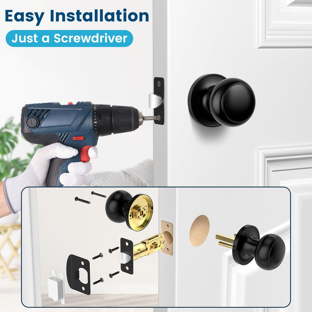 Passage Door Knobs, 6 Pack Matte Black Door Knobs, Hallway Closet Non-Locking Interior Doorknobs, Round Door Handles