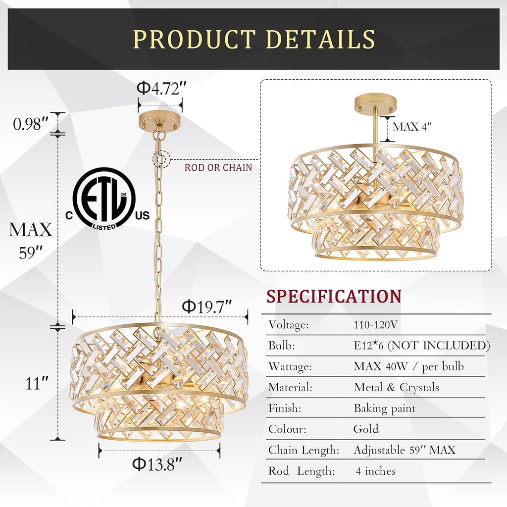 20'' Modern Gold Crystal Chandelier Luxury Semi Flush Mount Ceiling Light Fixtures 6-Lights Round Crystal Pendant