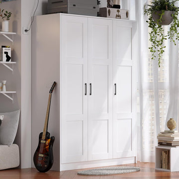 3 Doors Wooden Wardrobe Closet Armoire, White Storage Cabinet for Hanging Clothes, Bedroom Large Capacity