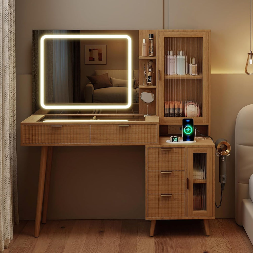 49" Wooden Vanity Desk with Mirror and Lights, Fluted Boho Makeup Vanity Table with Modern Glass Top, Charging