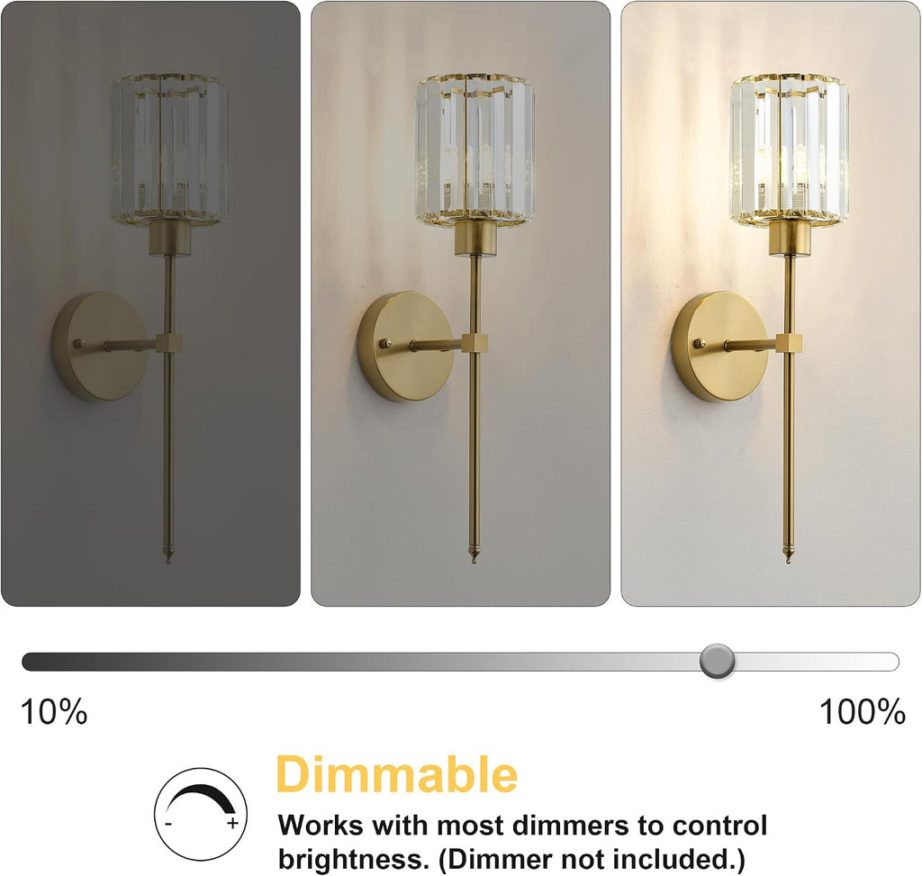 Hardwired Crystal Wall Sconces Set of Two - Dimmable Wall Light Fixtures 3000K, Warm White, for Hallway, Bathroom