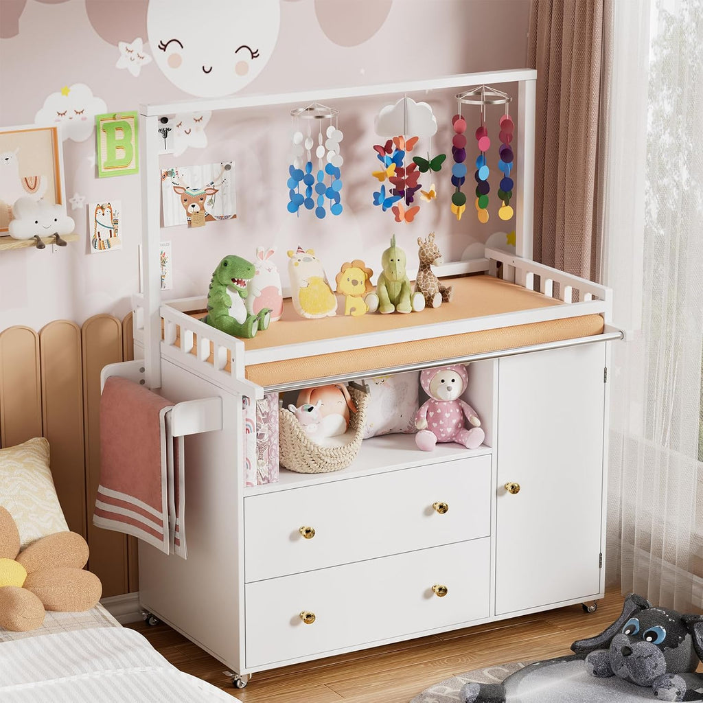 Baby Changing Table, Infant Diaper Changing Station with Wheels & Wide Table Top & Clothes Rail, Baby Changing Table