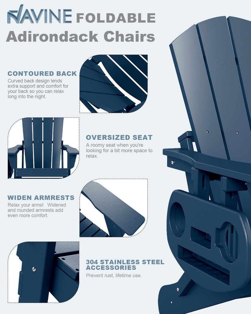Folding Adirondack Chairs Set of 2 with Cup Holder, HDPE, Navy Blue | Fire Pit Chair with Multifunctional Cup Holder