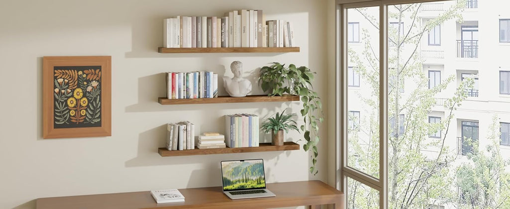 36 Inches Long Walnut Floating Shelves | Rustic Solid Wood Farmhouse Wall Shelves with Invisible Brackets Set of 3