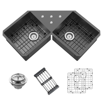 32.5Inch Black Corner Stainless Steel Kitchen Sink, Undermount, Double Bowl