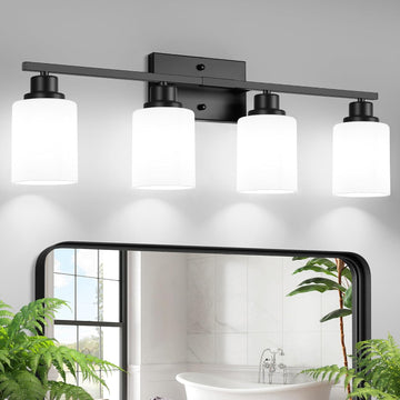 Bathroom Light Fixtures, 4-Light Vanity Light Over Mirror, Matte Black Wall Sconces with Milky White Frosted Glass