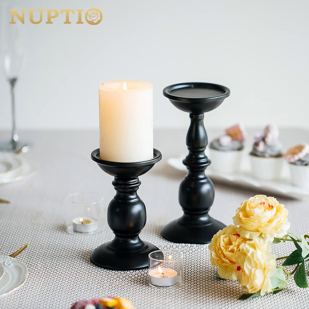 Black Candle Holder for Pillars: Rustic Metal Candle Stands Set | Tall Retro Farmhouse Candleholder 2 Pcs (S + L) for