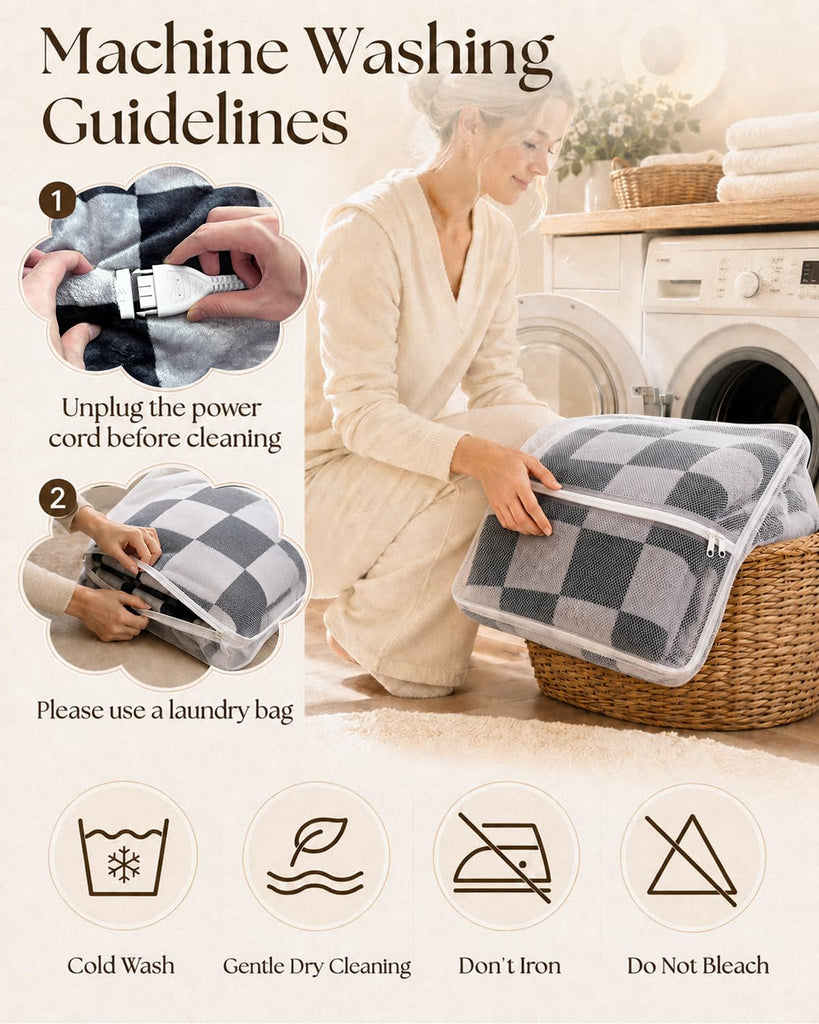 Heated Blanket Throw Size, Plaid Electric Heating Blanket Grey&Black