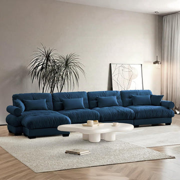 Sectional Couches , L Shaped Sofa Couch with Velvet Fabric, 4 Seat Modern Sofa with Ottoman, Removable Pillows , Blue