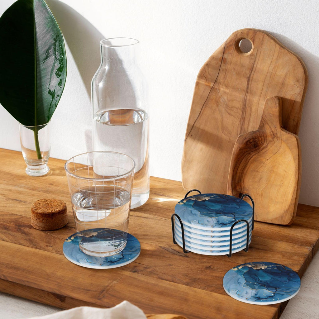 6 Pcs Ceramic Coasters with Holder Absorbent Drink Round Navy Blue Gold Marble Agate Style Design Table Coffee Cup