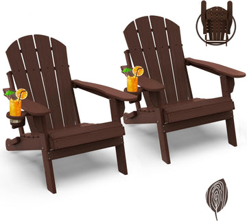 Folding-Adirondack-Chairs Set of 2, HDPE Wood Grain, Dark Brown | Hidden Cup Holder | 5" Wide Armrests | Foldable