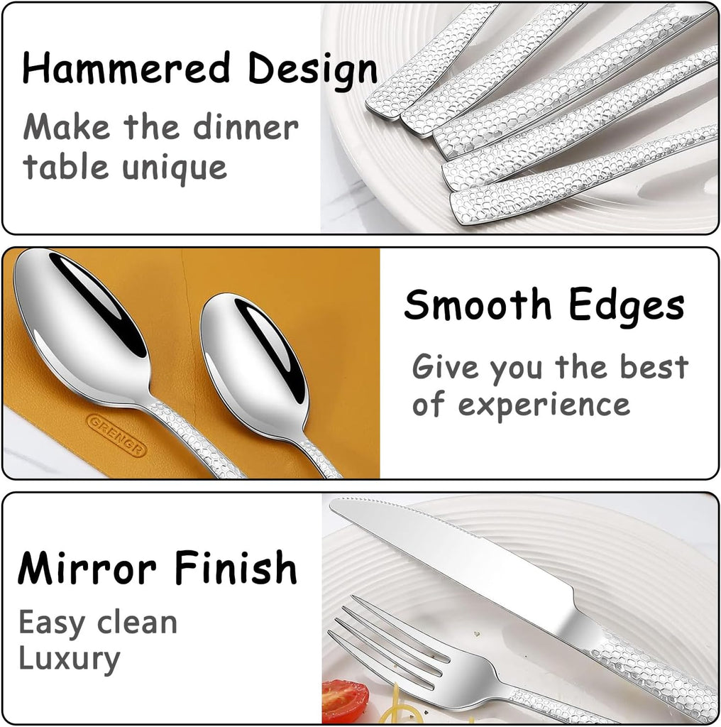 Hammered Silverware Set With Gift Box For 8 Cutlery Set Utensils Stainless Steel Flatware 40 Pieces Luxury Kitchen
