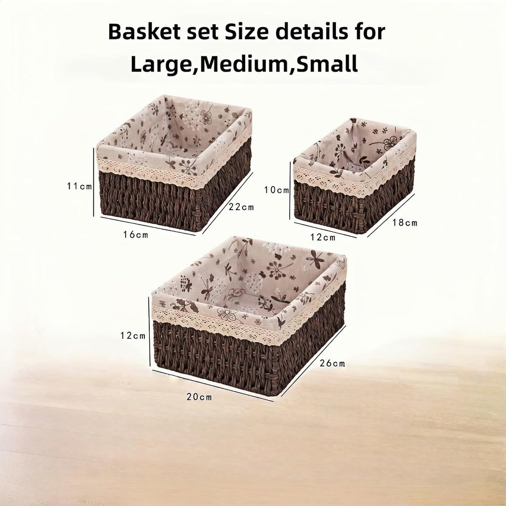 Wicker Woven Baskets With Liner, 3Packs Small Square Decorative Shelf Basket Storage And Organizing (coffee)