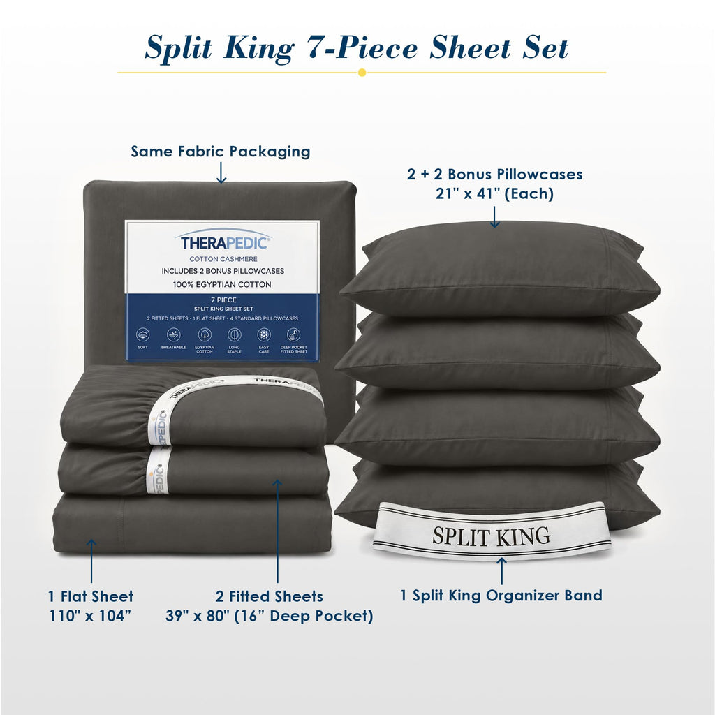 100% Egyptian Cotton 7 Piece Split King Sheets Set (Charcoal)