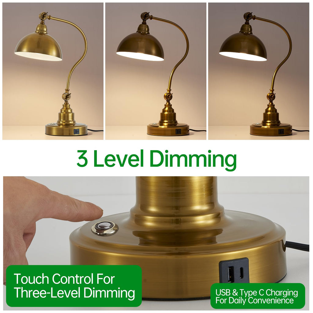 Dimmable Touch Control Antique Gold Desk Lamp with Swing Arm Charging Port