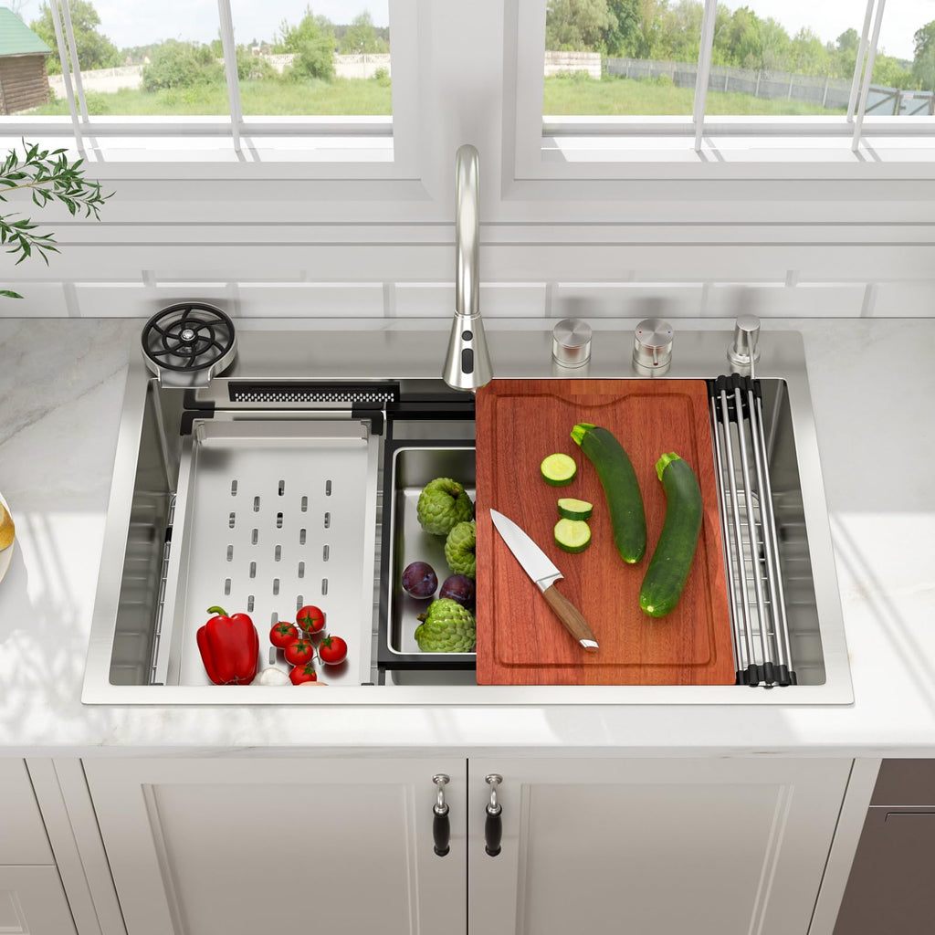 33x22 Inch Waterfall Kitchen Sink Drop In Multifunctional Workstation With Faucet Combo, Topmount 16 Gauge Stainless