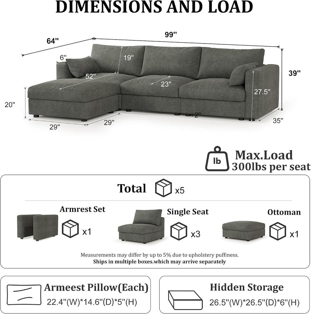 Cloud Modular Sectional Sofa Couch with Storage Ottoman, 99" Oversized Sectional Couches , Cloud Modular L-Shaped