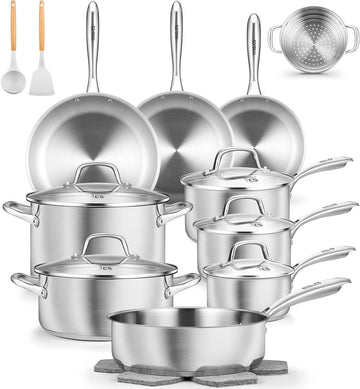 Stainless Steel Cookware Set 21 Piece with 5-Layer Base, Professional 18/10 Stianless Steel Pots and Pans Set