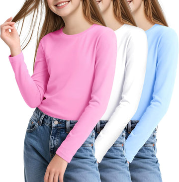 3 Pack Girls Long Sleeve Shirts Soft Cotton Crewneck Plain Kids Tops