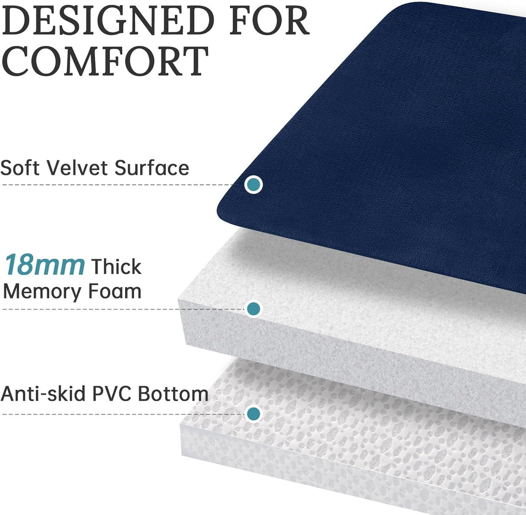 3-Piece Memory Foam Bathroom Rug Set, Navy | Quick Dry Velvet Surface, Non-Slip & PVC Backing, Ultra Soft Bath Rugs