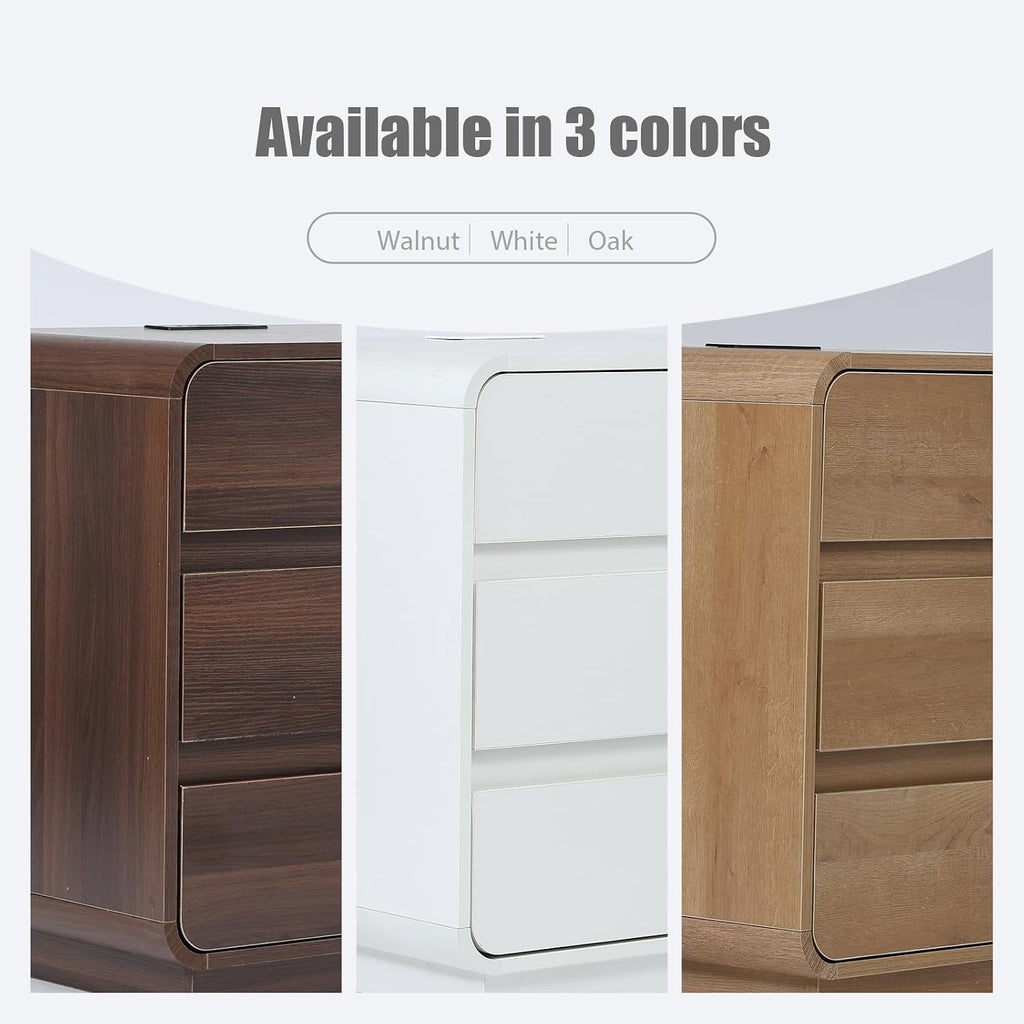 Modern Nightstand Set of 2 with Charging Station, Wood Bedside Table with 3 Drawers, Night Stands (Walnut)