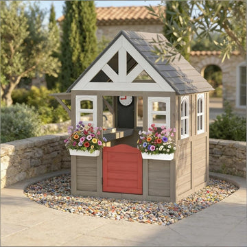 Wooden Playhouse for Kids: Ideal for Garden Adventures | Polypropylene and wood construction, gray finish, stove set