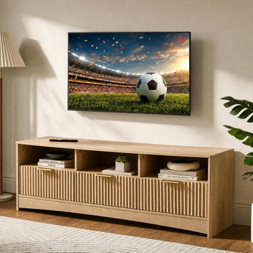 Fluted TV Stand for TVs Up to 65″, Mid-Century Modern Entertainment Center with Storage Drawers and Open Shelf, TV