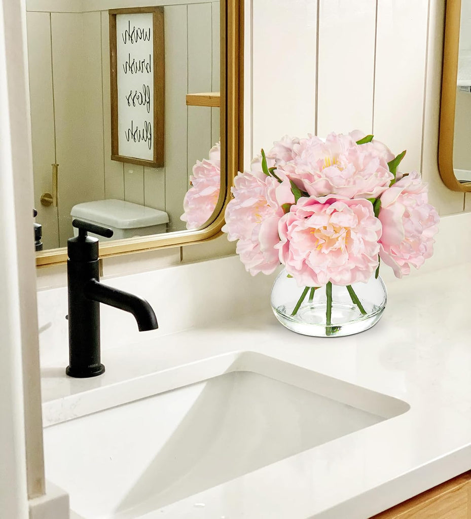 Pink Peonies Artificial Flowers with Vase Faux Flowers Peony Fake Flowers Silk Flower Arrangements in Glass Vase with